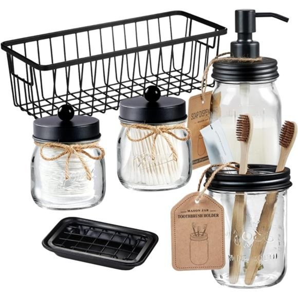 Premium Mason Jar Bathroom Accessories Set (6PCS) - Bathroom Storage - Picture 1 of 7